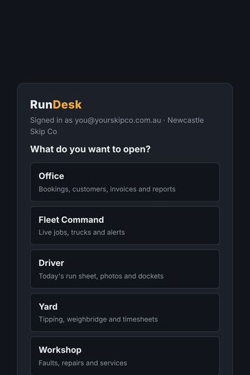 The RunDesk app chooser: Office, Fleet Command, Driver, Yard and Workshop (demo login).